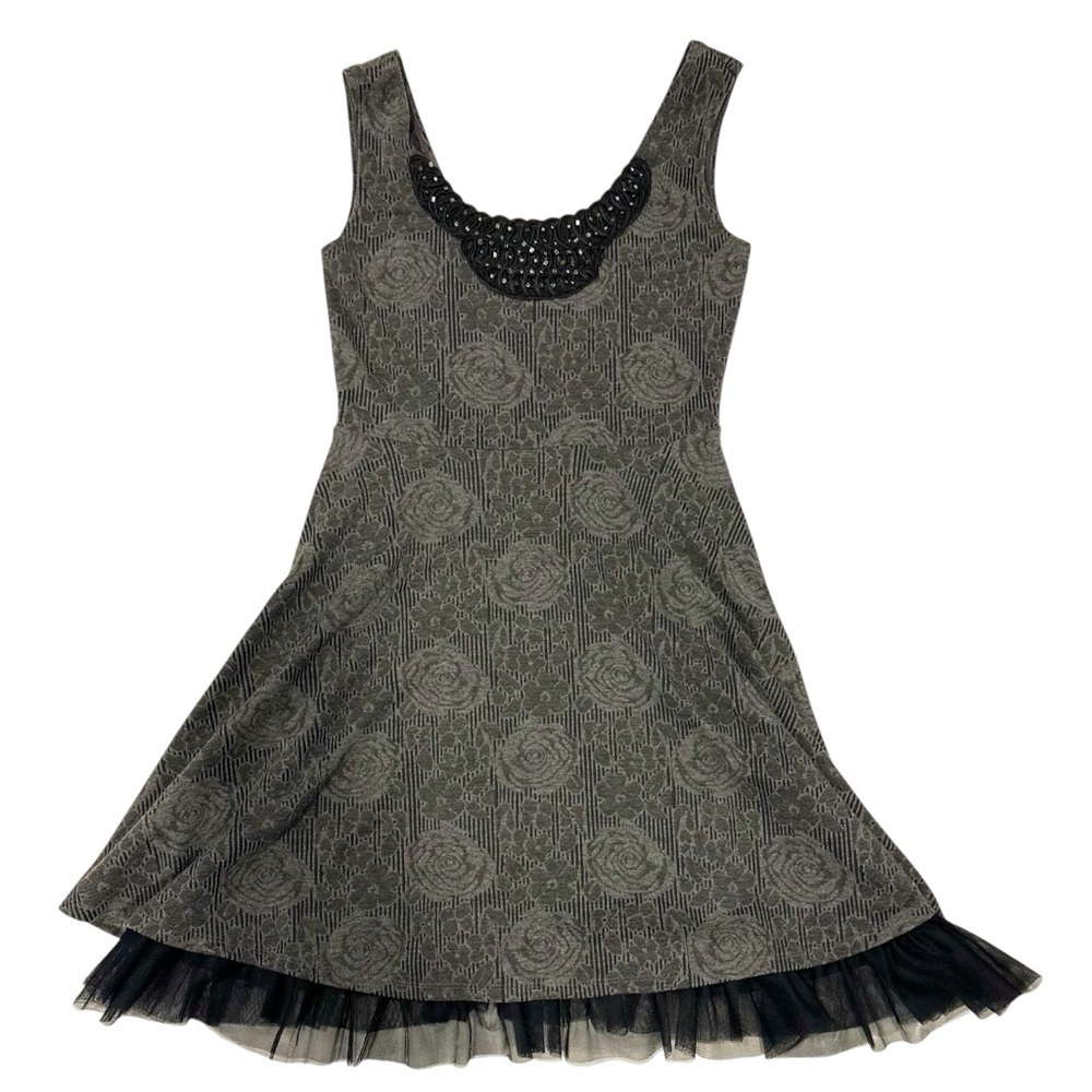 Free People Rock Princess Dress Gray Sleeveless Floral Beaded Tulle Skirt Sz L - Picture 2 of 6